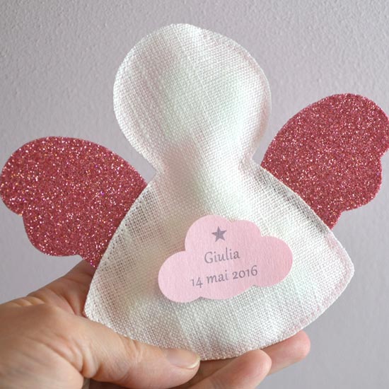 sachet à dragées en tissu ange pailleté pour baptême, naissance, communion