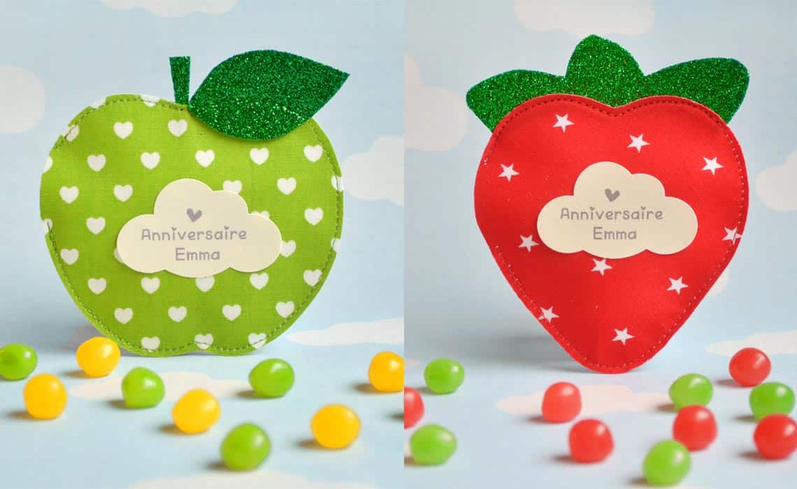 ballotins à dragées en tissu et paillettes fruits kawaii