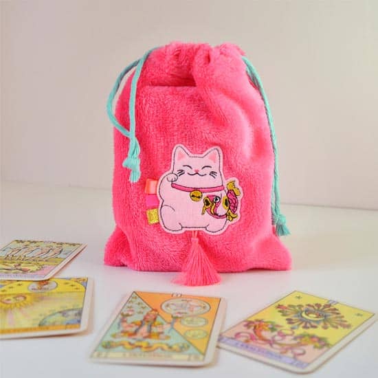 pochon rangement jeu de tarot maneki rose fourrure rose