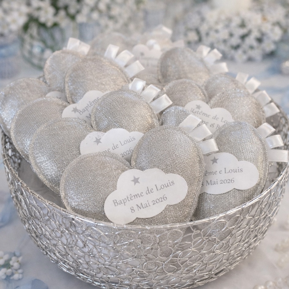 sachet à dragées en forme de cœur en lin argenté pour baptême ou mariage