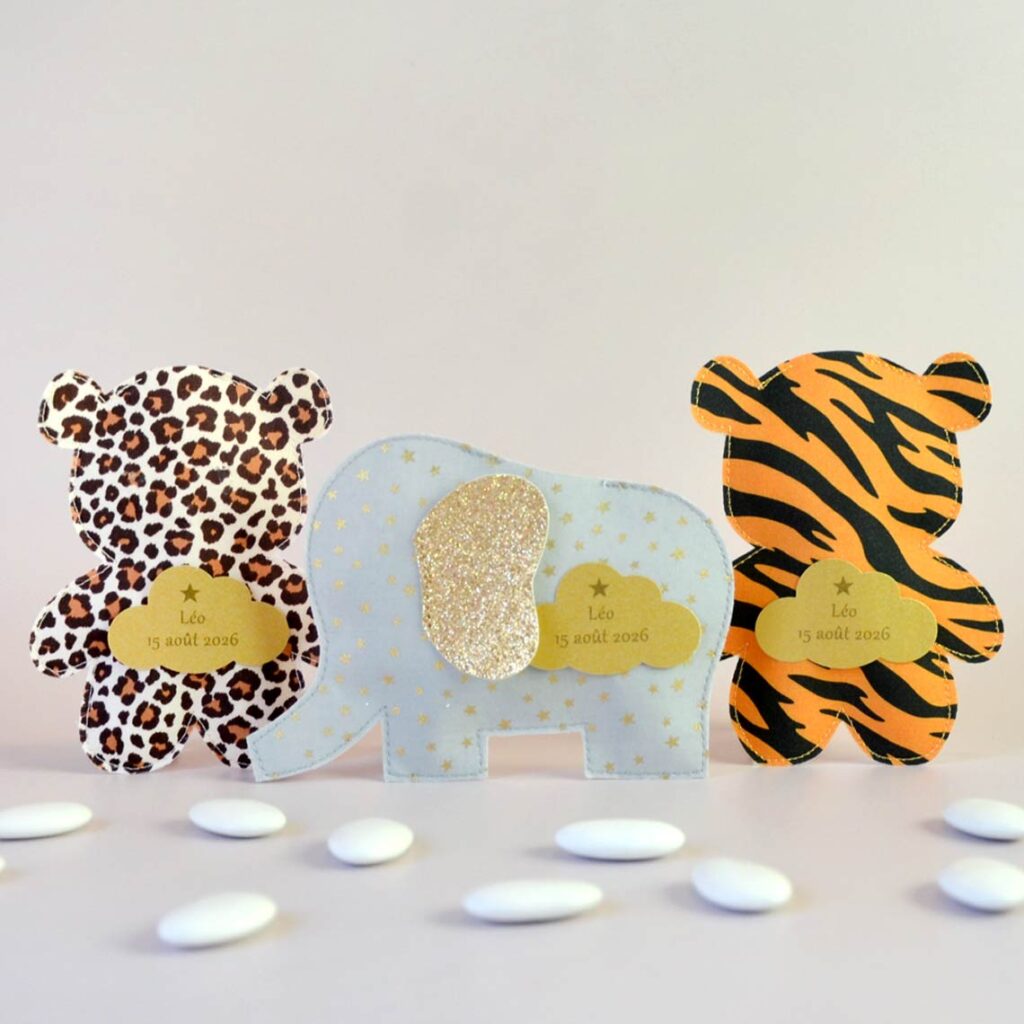 ballotin à dragées animaux de la jungle : léopard, éléphant, tigre