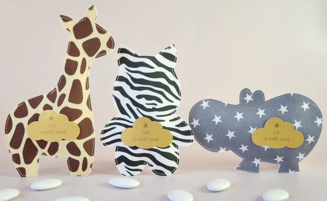 ballotin à dragées animaux de la savane : girafe, zèbre hippopotame