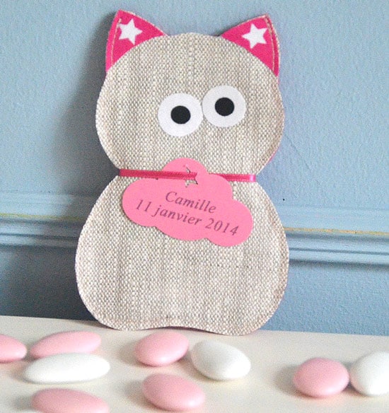 sachet à dragées en tissu en forme de chat