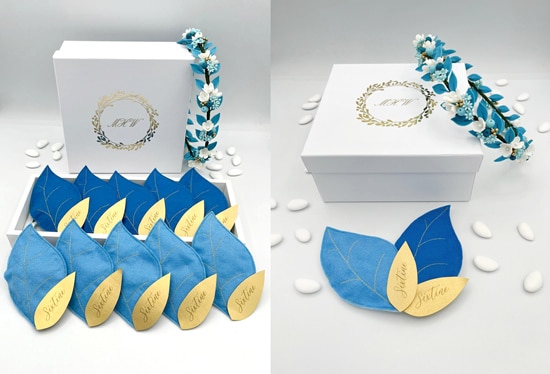 créations en collaboration de deux créatrices : couronne de fleurs et boites à dragées