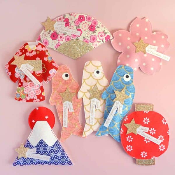 Collection de ballotins à dragées japonisants faits main, modèles Sakura, Mont Fuji, Carpe Koi, Éventail, Kimono et Lanterne