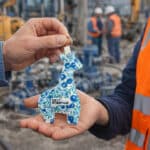 Porte-clés girafe en tissu Liberty personnalisé avec logo Delta Pompage, présenté sur un chantier industriel