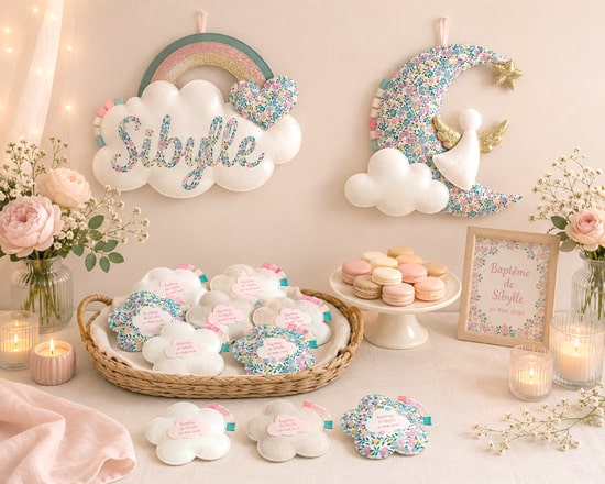 Décoration de baptême Liberty personnalisée avec ballotins à dragées assortis, nuage prénom et décoration murale ange lune